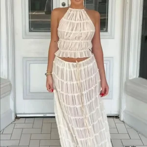 "Rêve d'Été" Ensemble Bohème Écru – Top Licou et Jupe Longue à Lacets